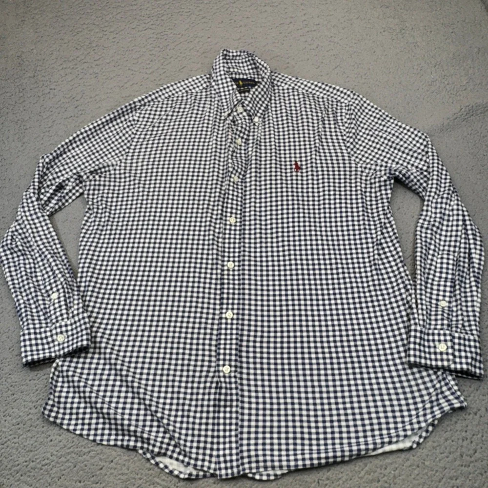Polo Ralph Lauren Knit Dress Shirt Mens XL Blue Gingham Pima Cotton Pony